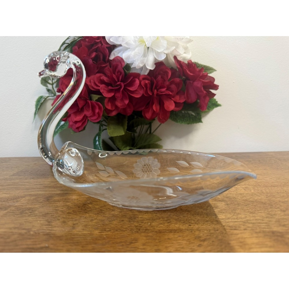 Vintage Etched Cornflower Swan Glass Dish Centerpiece‎ MCM Bird Decor Candy Bowl